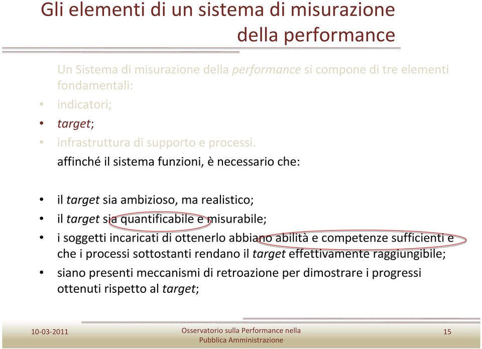 affinché il sistema funzioni, è necessario che: il target sia ambizioso, ma realistico; il target sia quantificabile e misurabile; i soggetti