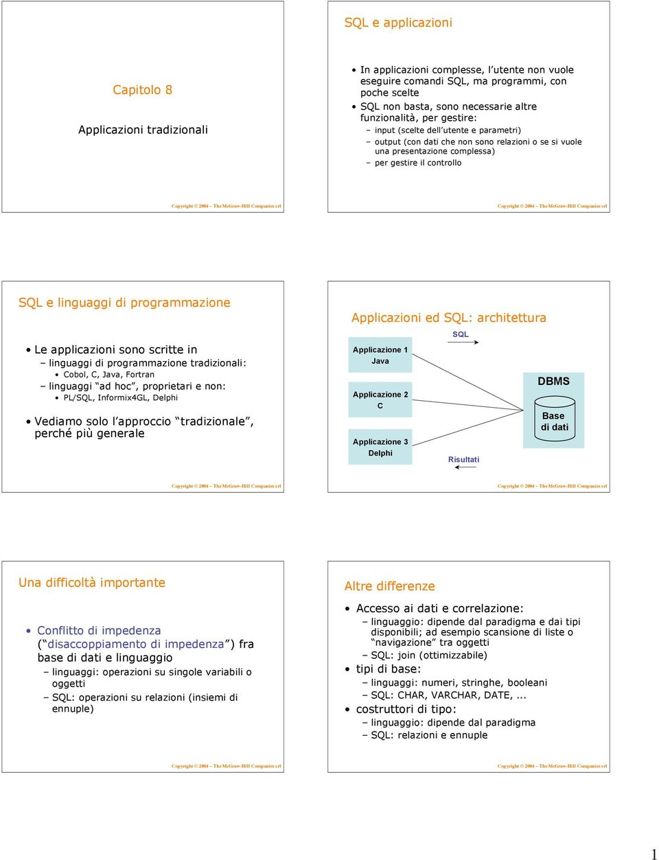 programmazione Le applicazioni sono scritte in linguaggi di programmazione tradizionali: Cobol, C, Java, Fortran linguaggi ad hoc, proprietari e non: PL/SQL, Informix4GL, Delphi Vediamo solo l