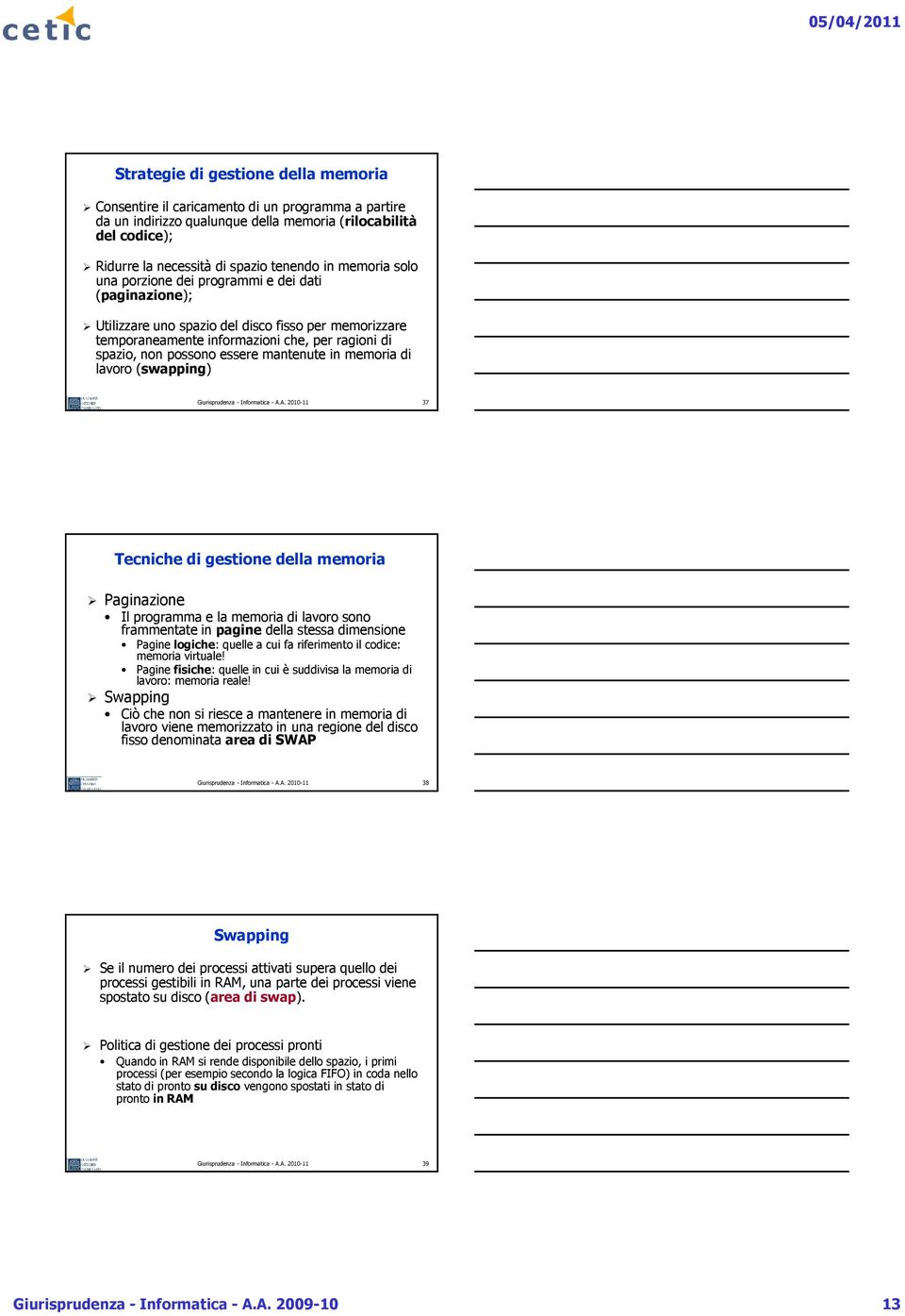 mantenute in memoria di lavoro (swapping) Giurisprudenza - Informatica - A.