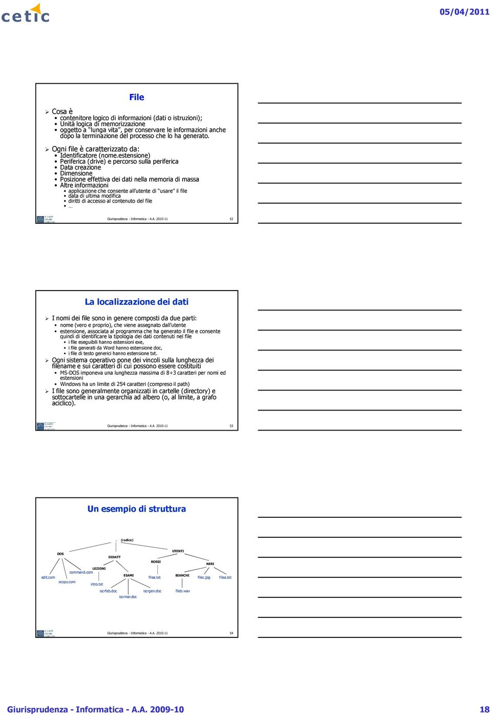 estensione) Periferica (drive) e percorso sulla periferica Data creazione Dimensione Posizione effettiva dei dati nella memoria di massa Altre informazioni applicazione che consente all utente di