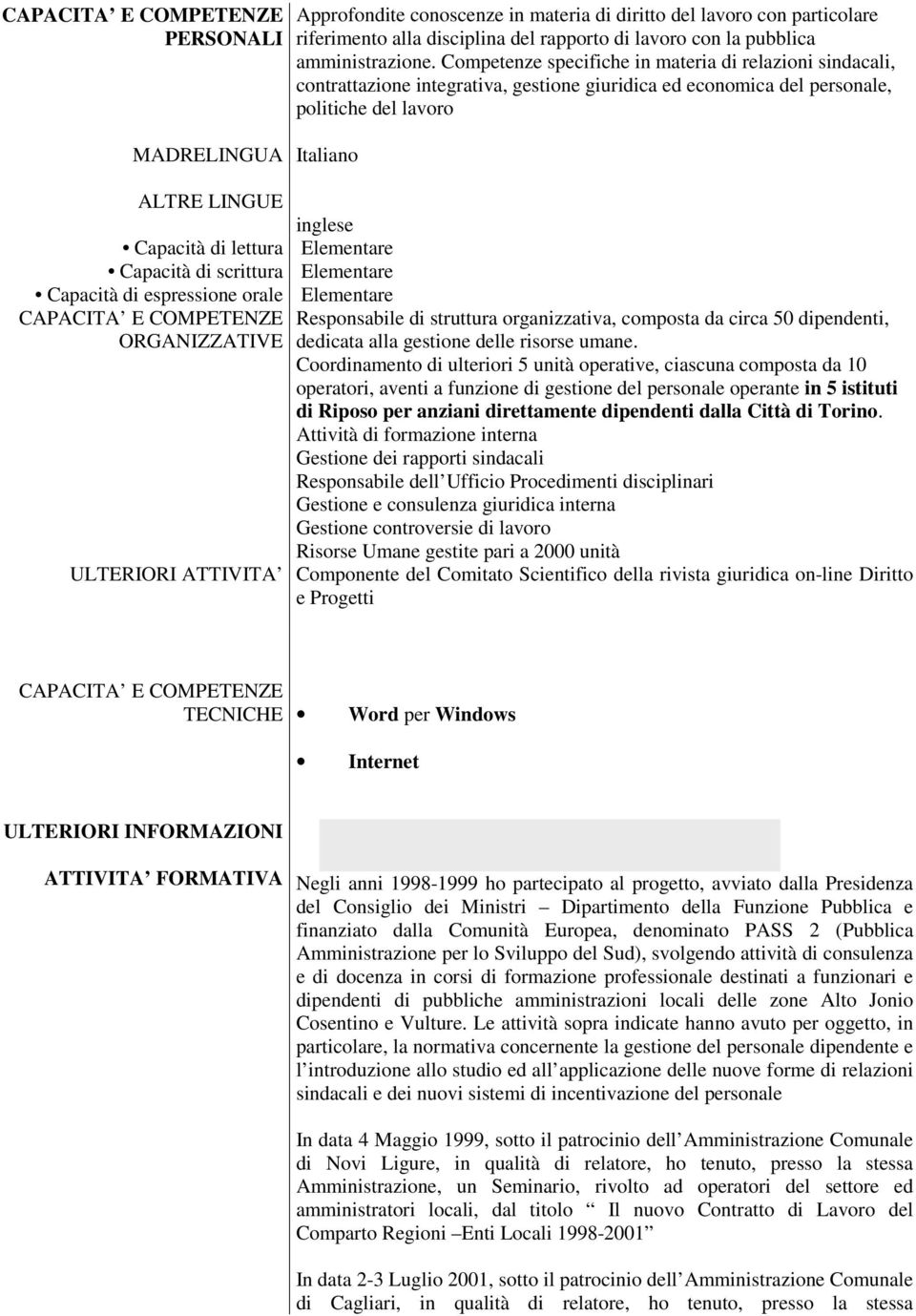 Competenze specifiche in materia di relazioni sindacali, contrattazione integrativa, gestione giuridica ed economica del personale, politiche del lavoro Responsabile di struttura organizzativa,