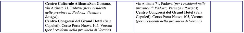 provincia di Verona) via Altinate 71, Padova (per i residenti nelle province di Padova, Vicenza  provincia di