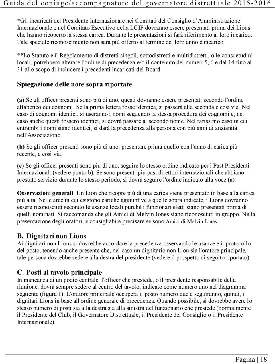 **Lo Statuto e il Regolamento di distretti singoli, sottodistretti e multidistretti, o le consuetudini locali, potrebbero alterare l'ordine di precedenza e/o il contenuto dei numeri 5, 6 e dal 14