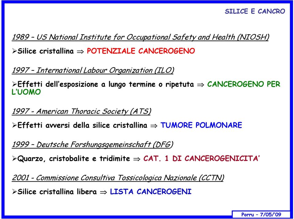 Thoracic Society (ATS) Effetti avversi della silice cristallina TUMORE POLMONARE 1999 Deutsche Forshungsgemeinschaft (DFG) Quarzo,