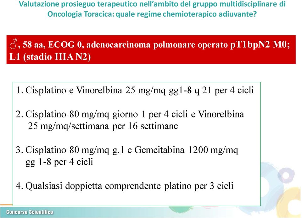 Cisplatino e Vinorelbina 25 mg/mq gg1-8 q 21 per 4 cicli 2.