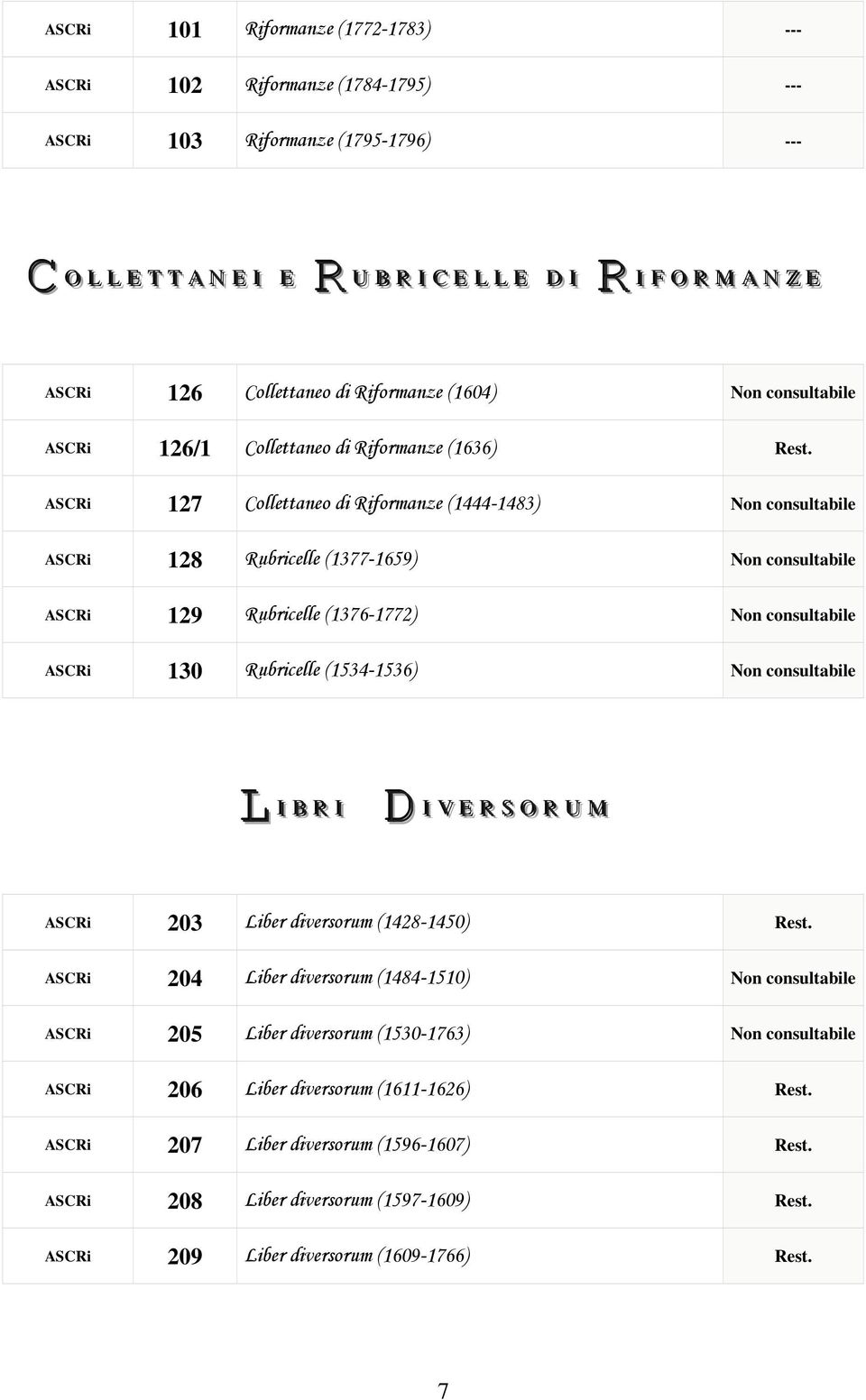 ASCRi 127 Collettaneo di Riformanze (1444-1483) Non consultabile ASCRi 128 Rubricelle (1377-1659) Non consultabile ASCRi 129 Rubricelle (1376-1772) Non consultabile ASCRi 130 Rubricelle (1534-1536)