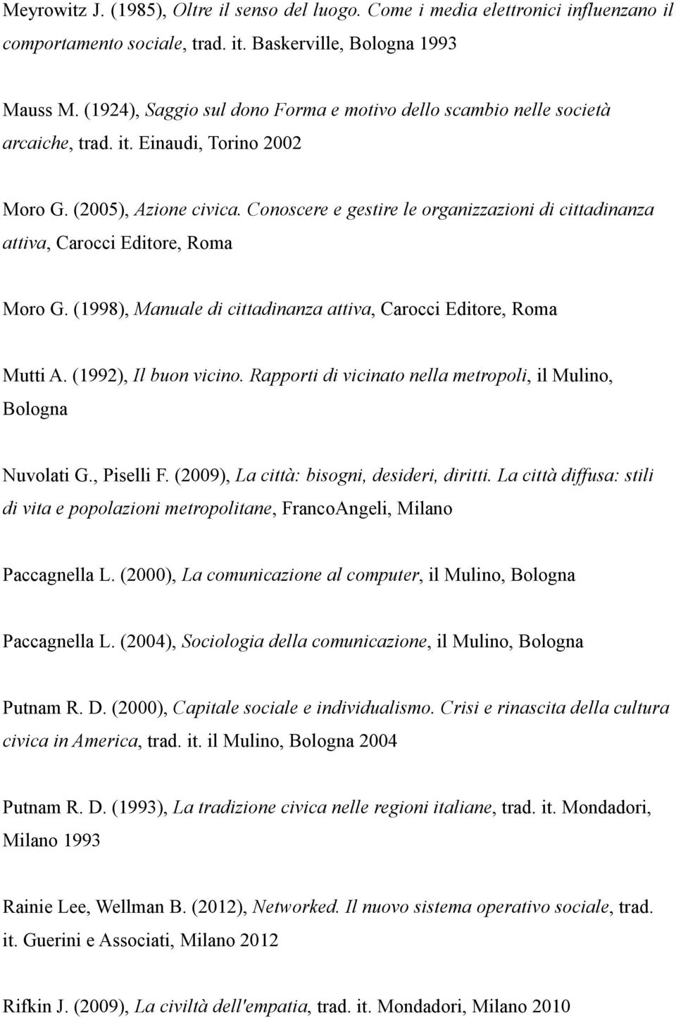 Conoscere e gestire le organizzazioni di cittadinanza attiva, Carocci Editore, Roma Moro G. (1998), Manuale di cittadinanza attiva, Carocci Editore, Roma Mutti A. (1992), Il buon vicino.