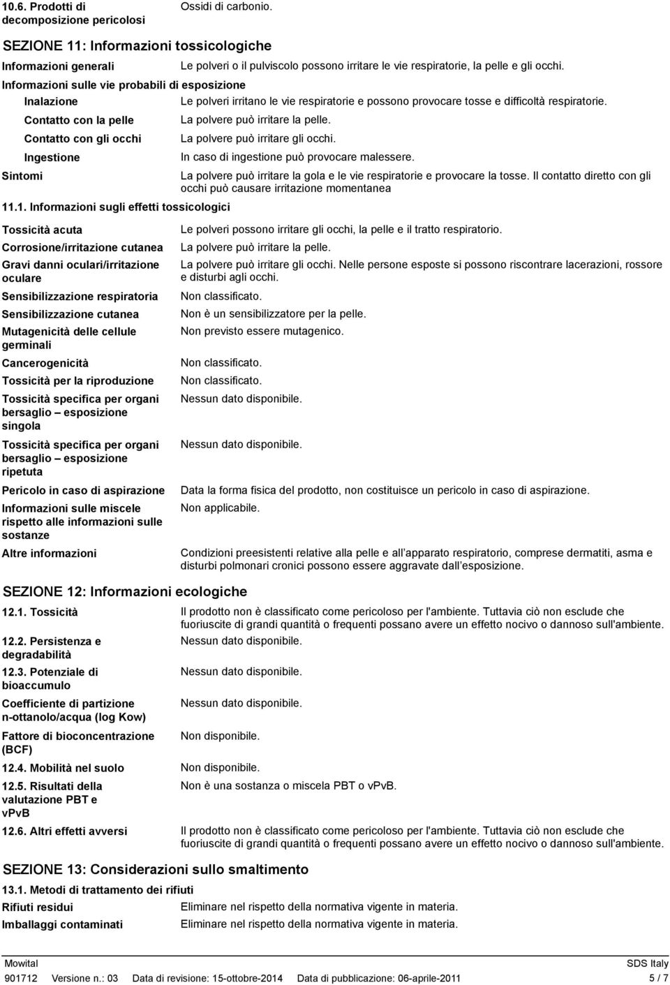 Informazioni sulle vie probabili di esposizione Inalazione Le polveri irritano le vie respiratorie e possono provocare tosse e difficoltà respiratorie.