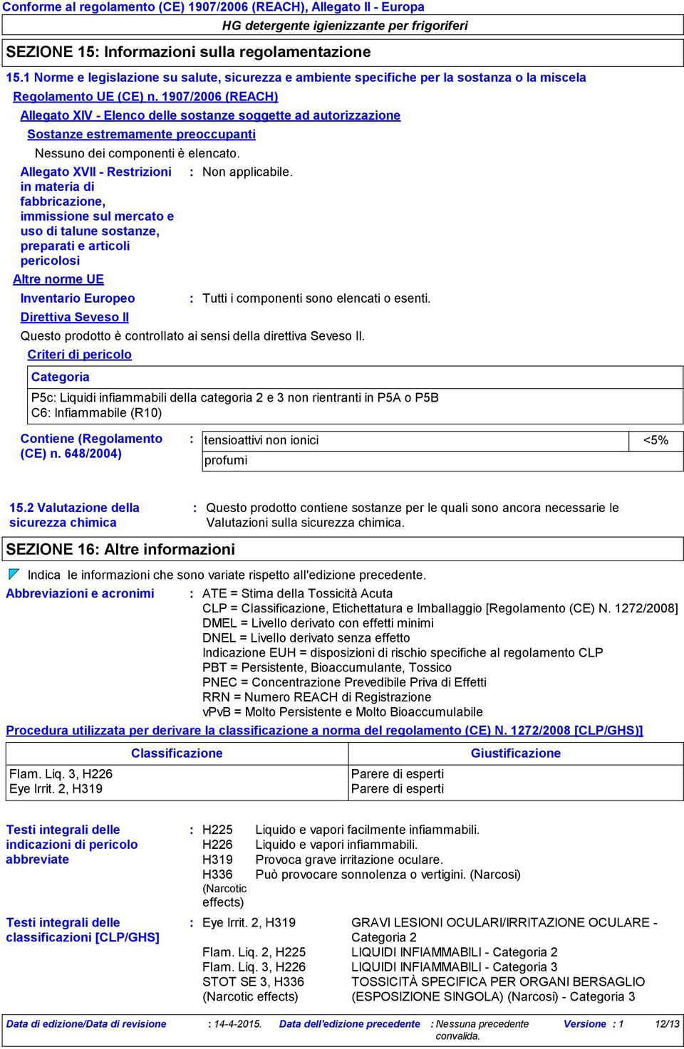 1907/2006 (REACH) Allegato XIV - Elenco delle sostanze soggette ad autorizzazione Sostanze estremamente preoccupanti Nessuno dei componenti è elencato. Direttiva Seveso II.