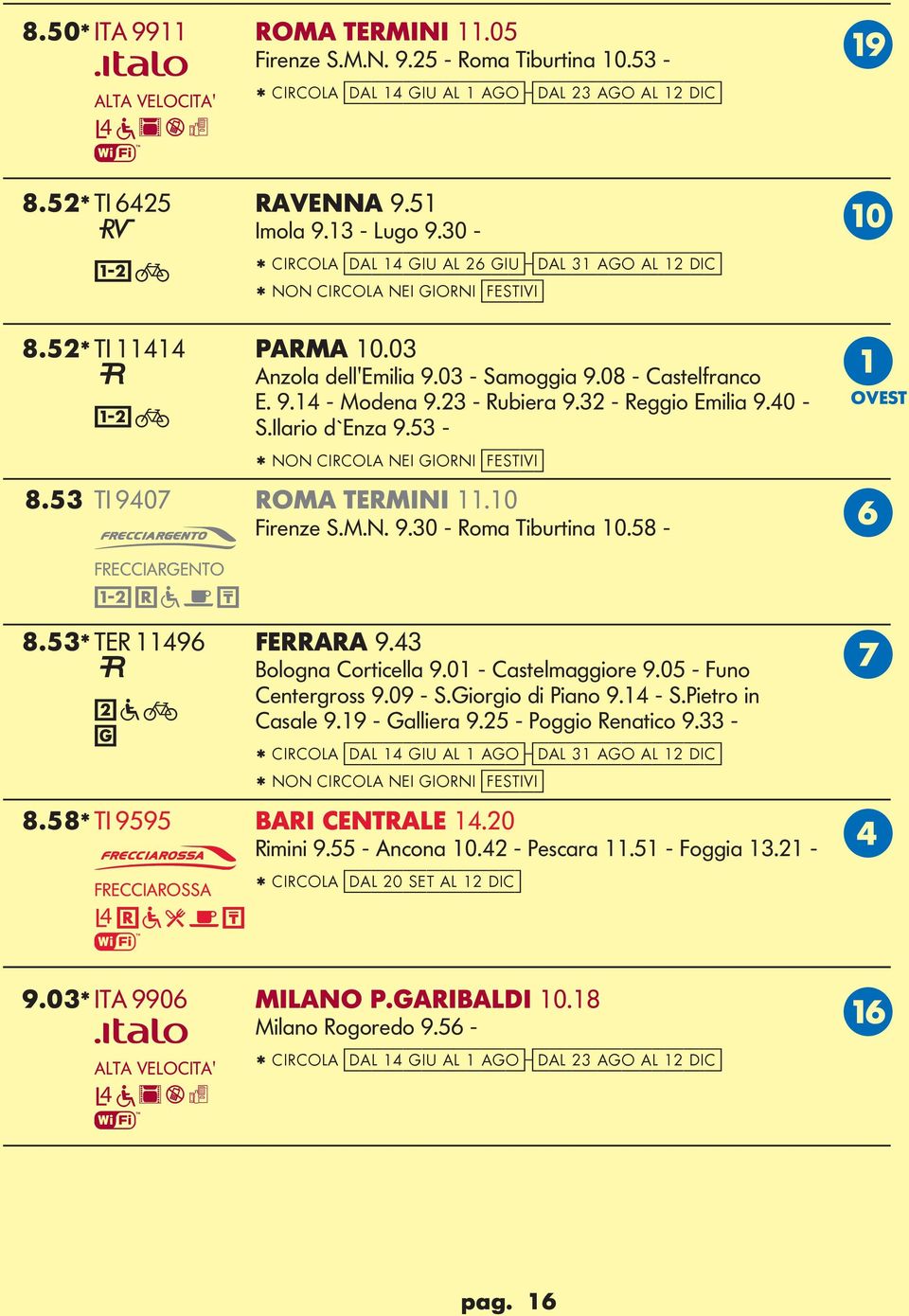 3 - Reio Emilia 9.40 - S.Ilario d`eza 9.53 - * NON CIRCOA NEI IORNI [festivi] 8.53 TI 9407 ROMA TERMINI 11.10 Fireze S.M.N. 9.30 - Roma Tiburtia 10.58 - F X FRECCIARENTO 8.53* TER 11496 FERRARA 9.