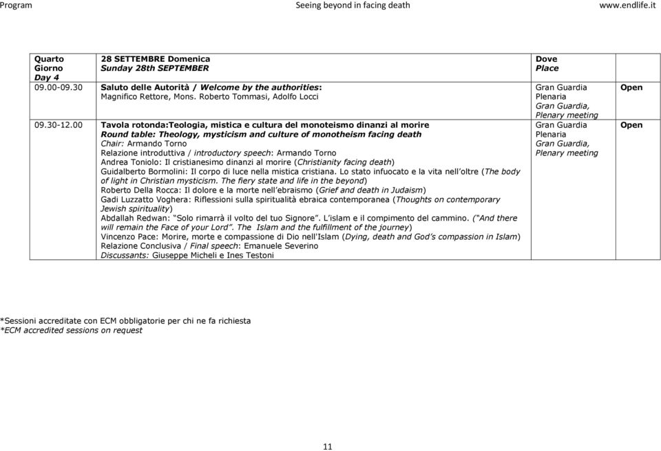 introductory speech: Armando Torno Andrea Toniolo: Il cristianesimo dinanzi al morire (Christianity facing death) Guidalberto Bormolini: Il corpo di luce nella mistica cristiana.