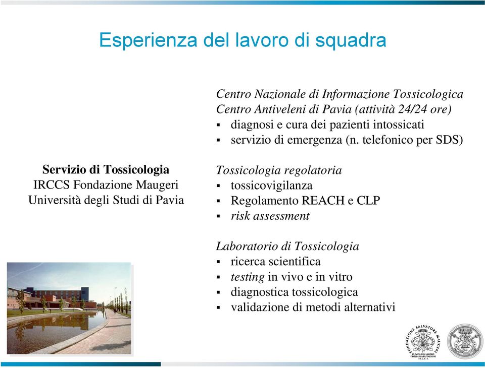 telefonico per SDS) Servizio di Tossicologia IRCCS Fondazione Maugeri Università degli Studi di Pavia Tossicologia regolatoria