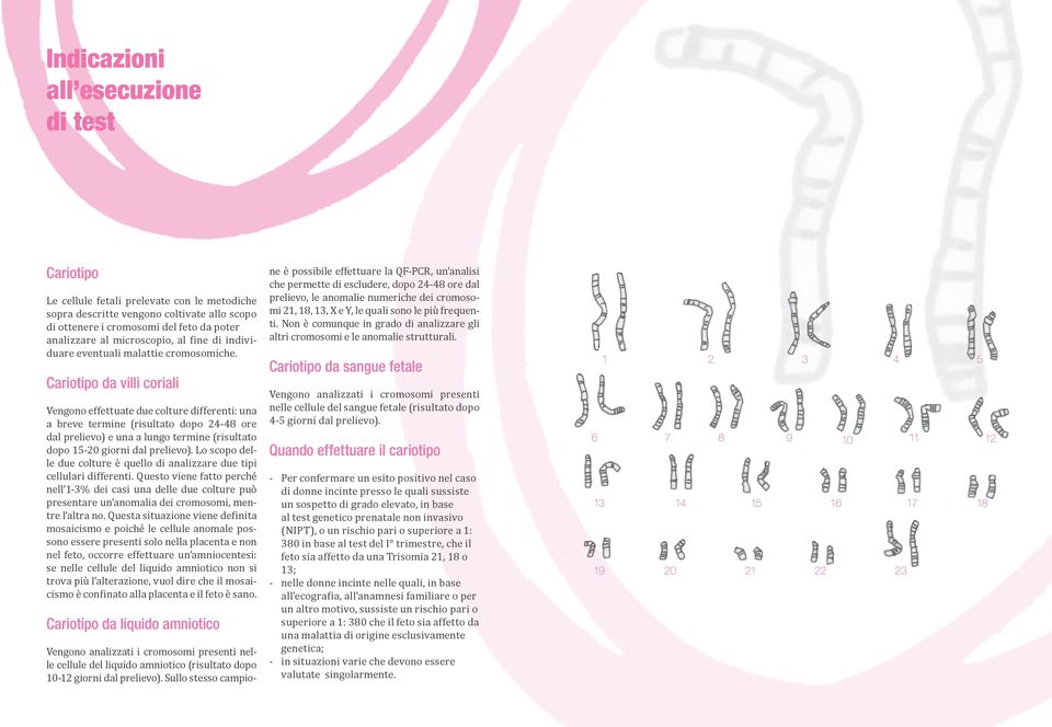 Cariotipo da villi coriali Vengono effettuate due colture differenti: una a breve termine (risultato dopo 24-48 ore dal prelievo) e una a lungo termine (risultato dopo 15-20 giorni dal prelievo).