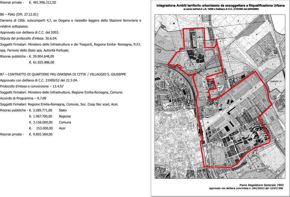 Risorse pubbliche -. 39.904.648,00. 61.025.886,00 B7 CONTRATTO DI QUARTIERE PRU DARSENA DI CITTA' / VILLAGGIO S. GIUSEPPE Approvato con delibera di C.C. 21909/52 del 22.3.04. Protocollo d'intesa e convenzione 13.