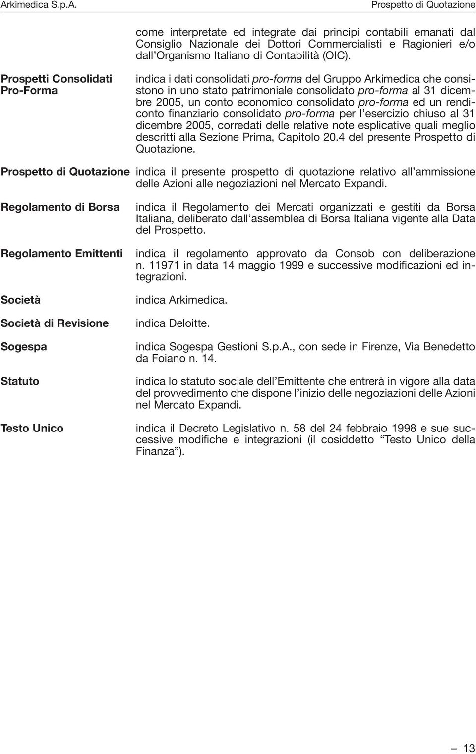 consolidato pro-forma ed un rendiconto finanziario consolidato pro-forma per l esercizio chiuso al 31 dicembre 2005, corredati delle relative note esplicative quali meglio descritti alla Sezione