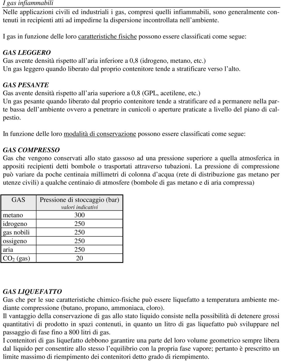 ) Un gas leggero quando liberato dal proprio contenitore tende a stratificare verso l alto. GAS PESANTE Gas avente densità rispetto all aria superiore a 0,8 (GPL, acetilene, etc.