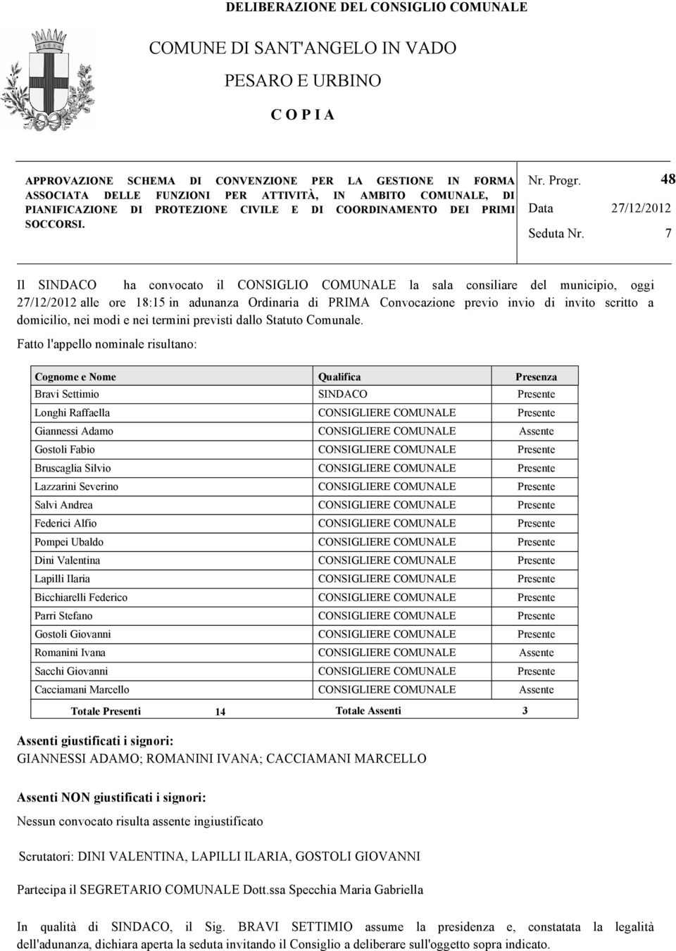 48 27/12/2012 7 Il SINDACO ha convocato il CONSIGLIO COMUNALE la sala consiliare del municipio, oggi 27/12/2012 alle ore 18:15 in adunanza Ordinaria di PRIMA Convocazione previo invio di invito