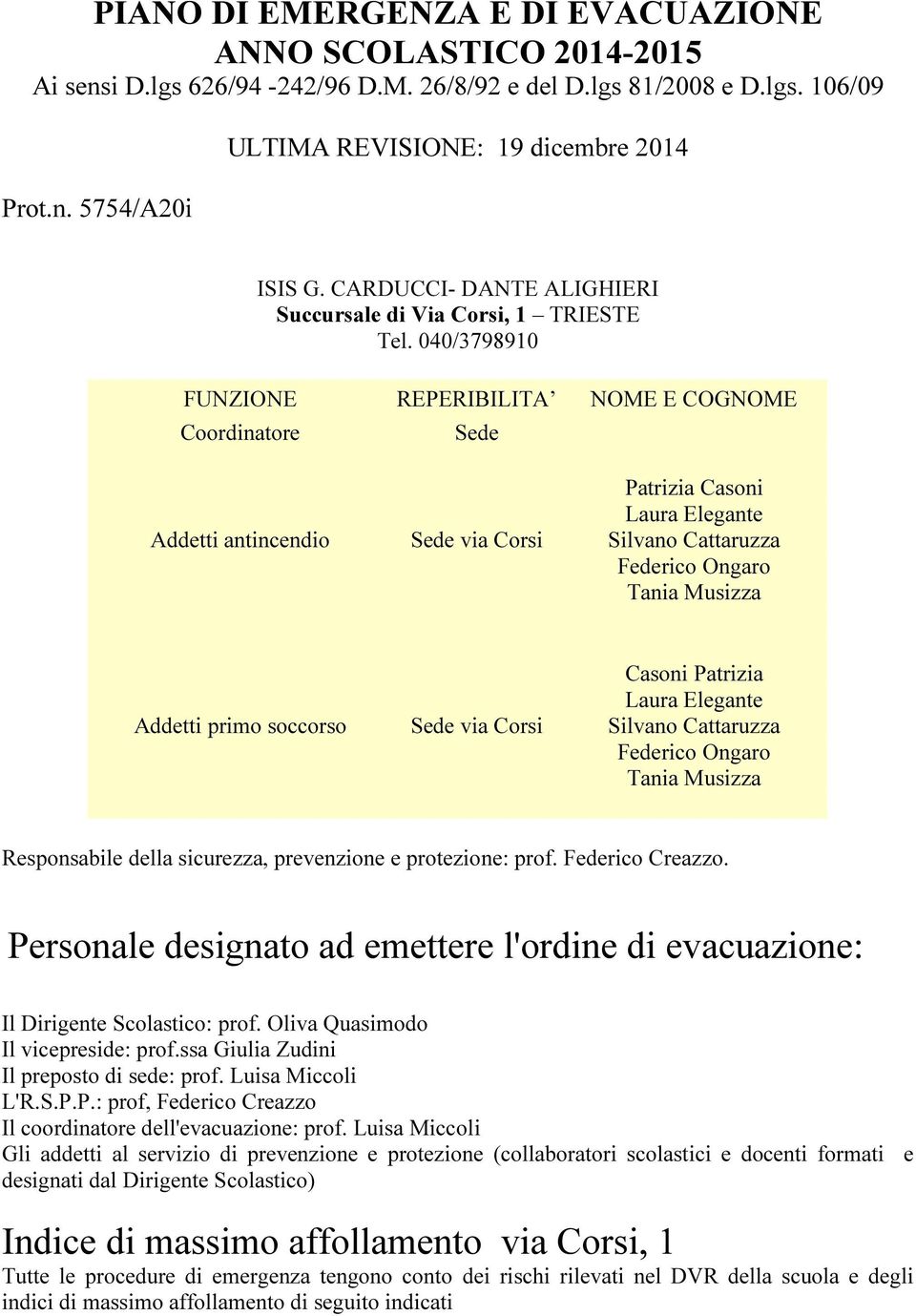 040/3798910 FUNZIONE REPERIBILITA NOME E COGNOME Coordinatore Sede Addetti antincendio Sede via Corsi Patrizia Casoni Laura Elegante Silvano Cattaruzza Federico Ongaro Tania Musizza Addetti primo