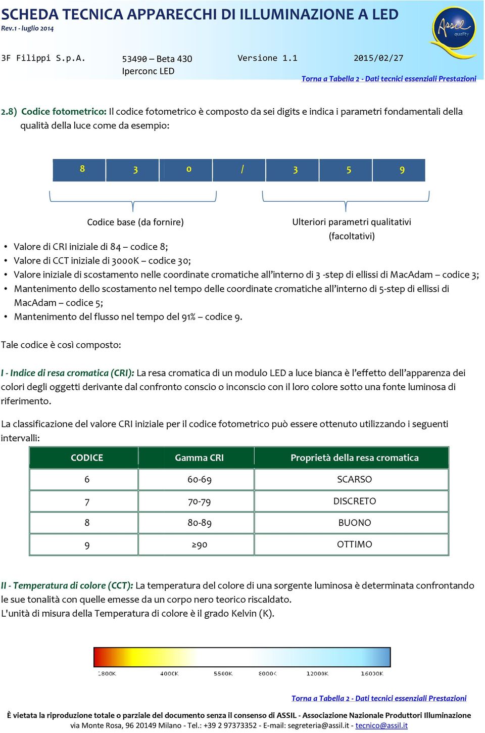 di ellissi di MacAdam codice 3; Mantenimento dello scostamento nel tempo delle coordinate cromatiche all interno di 5-step di ellissi di MacAdam codice 5; Mantenimento del flusso nel tempo del 91%