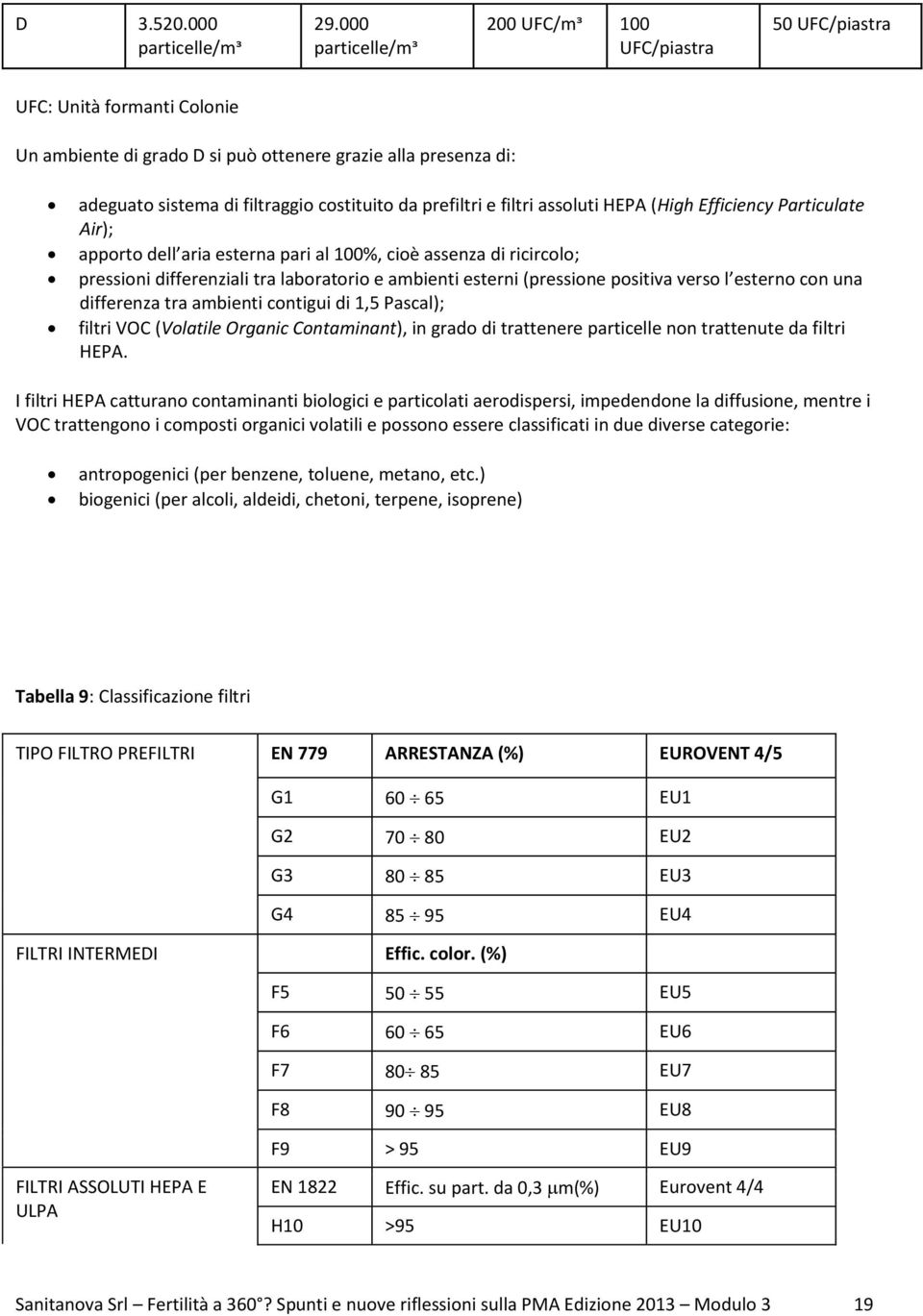 prefiltri e filtri assoluti HEPA (High Efficiency Particulate Air); apporto dell aria esterna pari al 100%, cioè assenza di ricircolo; pressioni differenziali tra laboratorio e ambienti esterni