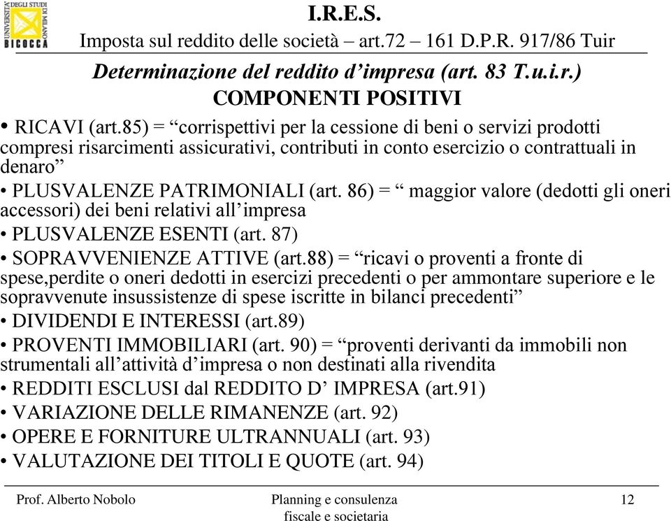 86) = maggior valore (dedotti gli oneri accessori) dei beni relativi all impresa PLUSVALENZE ESENTI (art. 87) SOPRAVVENIENZE ATTIVE (art.