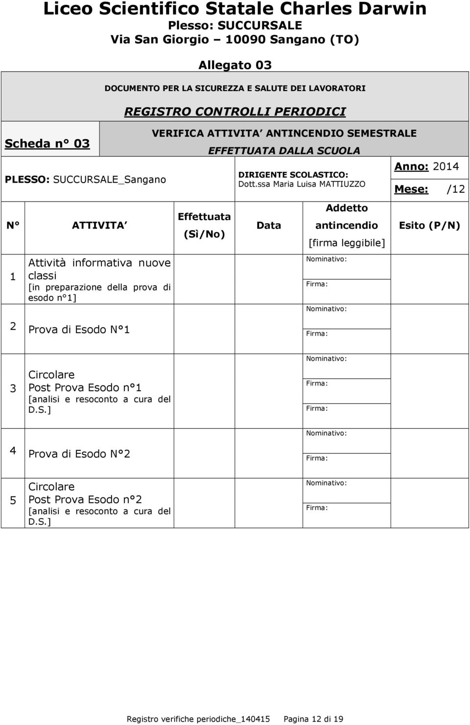 ssa Maria Luisa MATTIUZZO Data Addetto [firma leggibile] Anno: 2014 Mese: /12 Esito (P/N) 1 Attività informativa nuove classi [in preparazione della prova di esodo