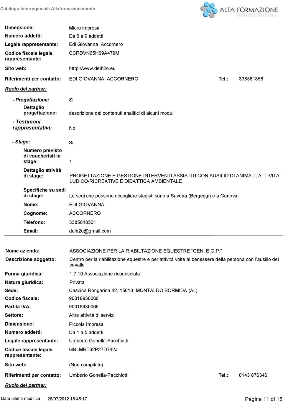 : 338581856 Ruolo del partner: Progettazione: Dettaglio progettazione: Testimoni rappresentativi: Stage: Dettaglio attività Specifiche su sedi descrizione dei contenuti analitici di alcuni moduli No