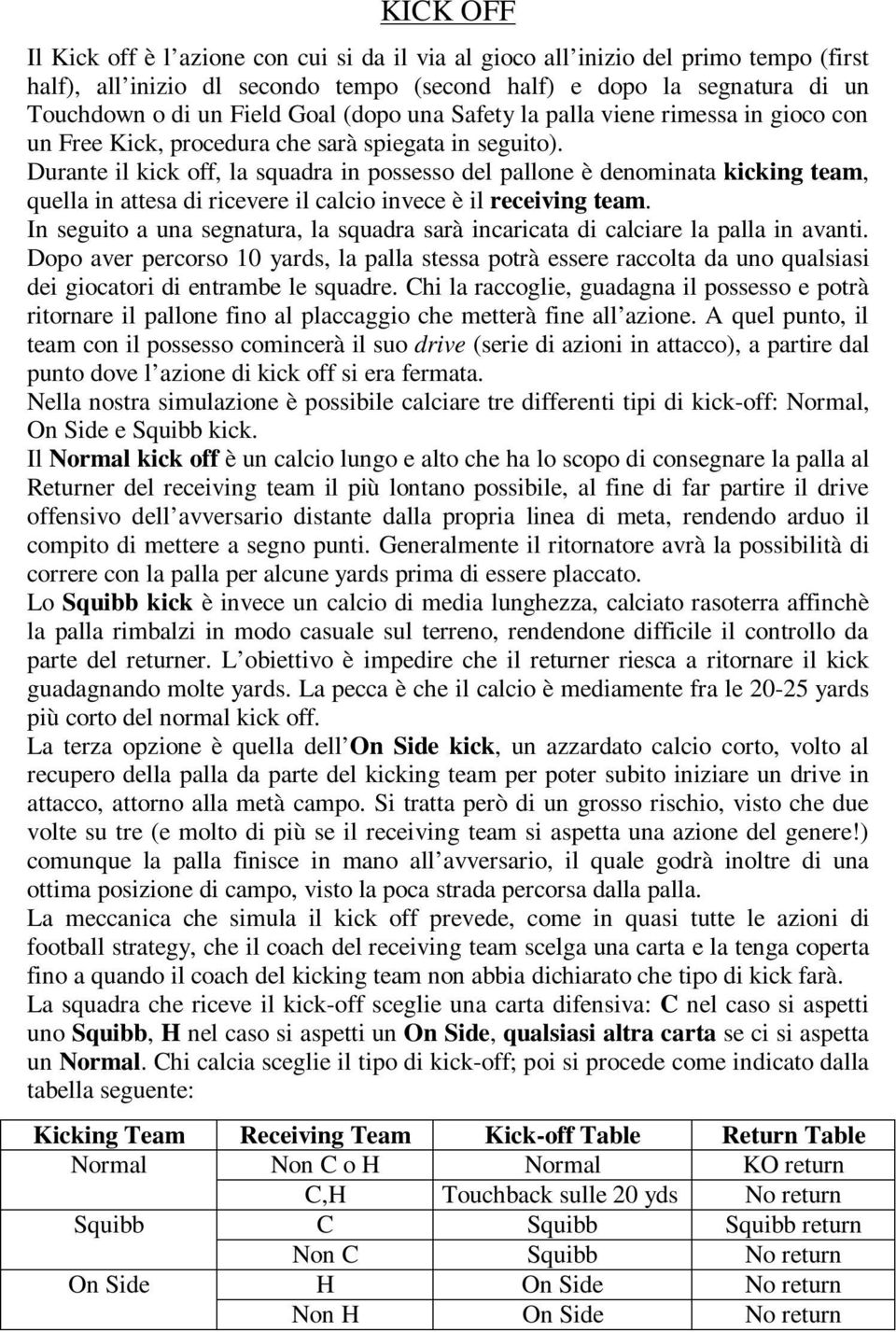 Durante il kick off, la squadra in possesso del pallone è denominata kicking team, quella in attesa di ricevere il calcio invece è il receiving team.