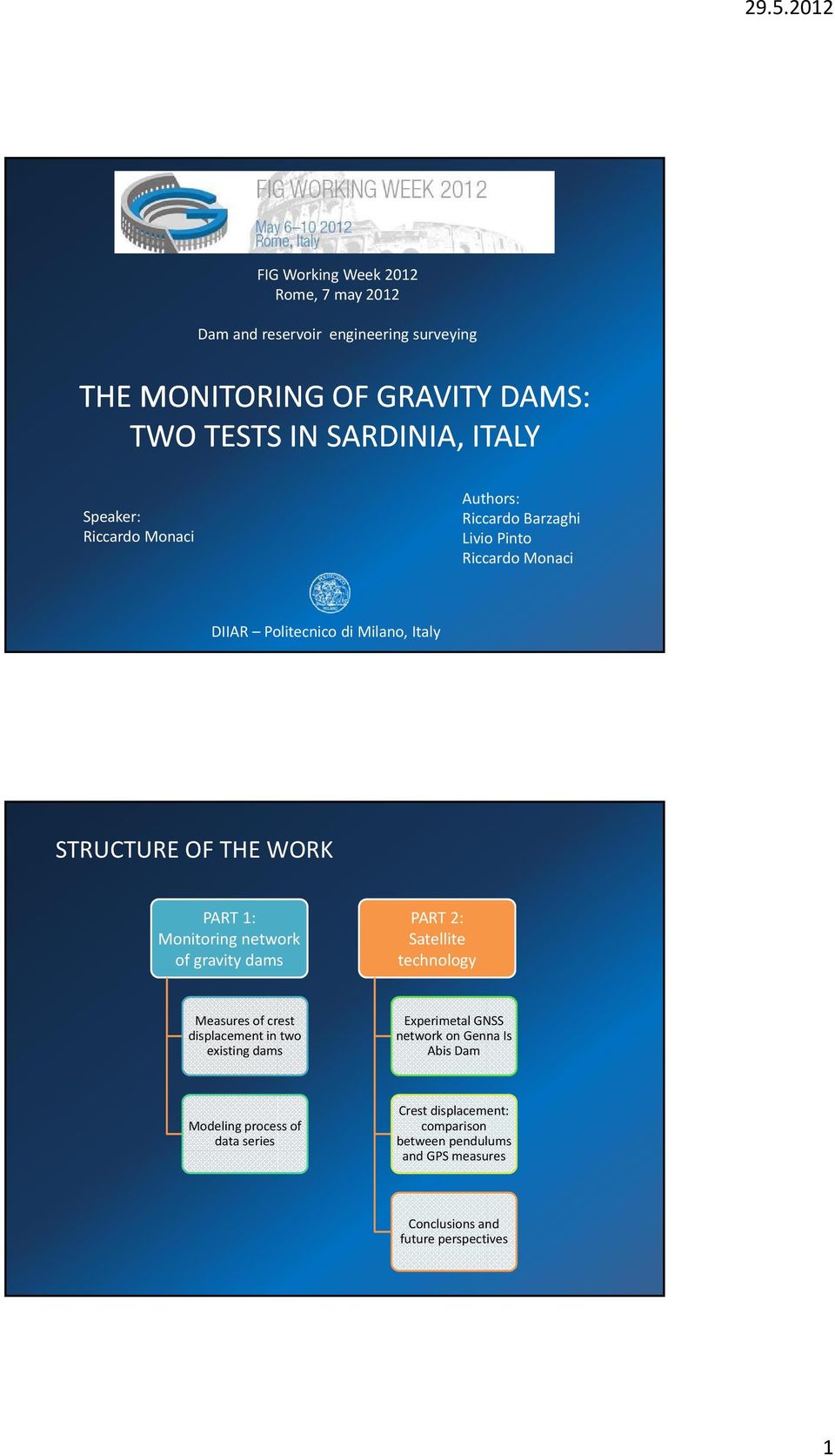 Monitoring network of gravity dams PART : Satellite technology Measures of crest displacement in two existing dams Experimetal GNSS network on