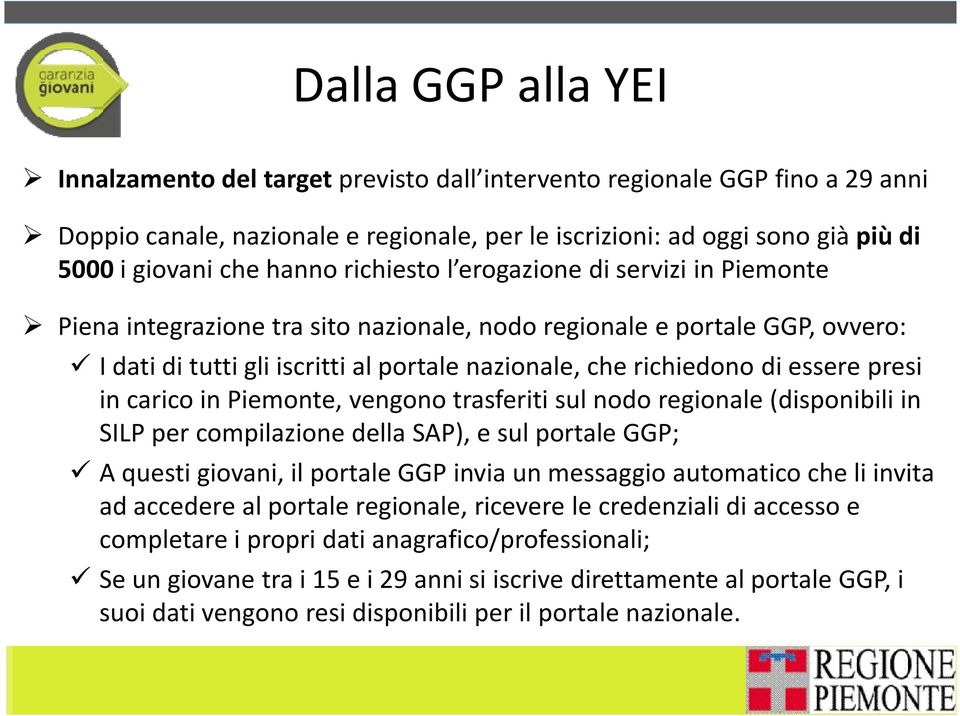 essere presi in carico in Piemonte, vengono trasferiti sul nodo regionale (disponibili in SILP per compilazione della SAP), e sul portale GGP; A questi giovani, il portale GGP invia un messaggio