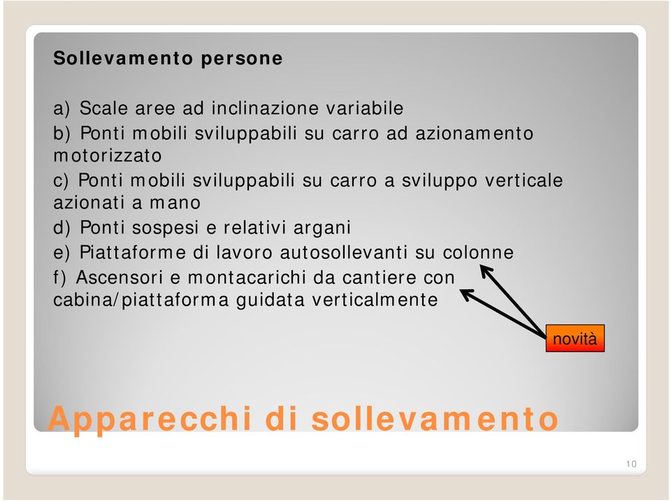 Ponti sospesi e relativi argani e) Piattaforme di lavoro autosollevanti su colonne f) Ascensori e