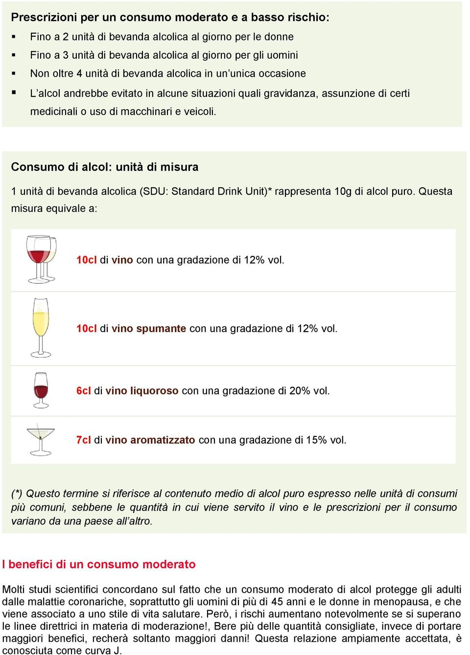 Consumo di alcol: unità di misura 1 unità di bevanda alcolica (SDU: Standard Drink Unit)* rappresenta 10g di alcol puro. Questa misura equivale a: 10cl di vino con una gradazione di 12% vol.