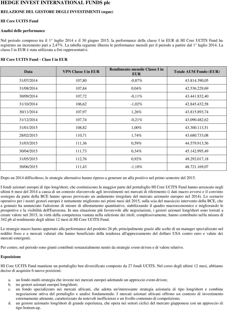 La classe I in è stata utilizzata a fini rappresentativi. HI Core UCITS Fund - Class I in Data VPN Classe I in Rendimento mensile Classe I in Totale AUM Fondo () 31/07/2014 107,80-0,87% 43.814.