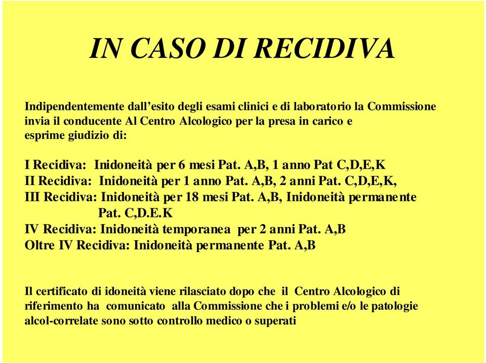 C,D,E,K, III Recidiva: Inidoneità per 18 mesi Pat. A,B, Inidoneità permanente Pat. C,D.E.K IV Recidiva: Inidoneità temporanea per 2 anni Pat.