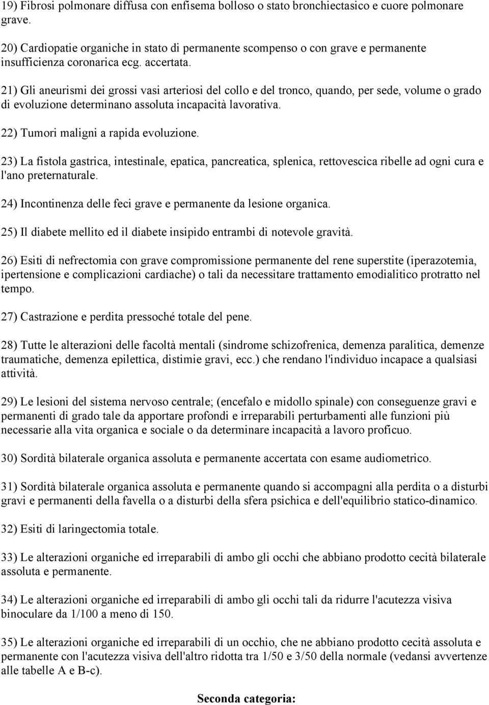 21) Gli aneurismi dei grossi vasi arteriosi del collo e del tronco, quando, per sede, volume o grado di evoluzione determinano assoluta incapacità lavorativa. 22) Tumori maligni a rapida evoluzione.