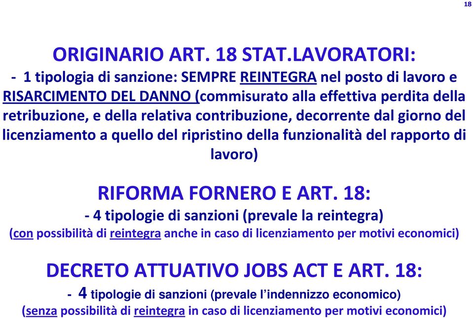 relativa contribuzione, decorrente dal giorno del licenziamento a quello del ripristino della funzionalitàdel rapporto di lavoro) RIFORMA FORNERO E ART.