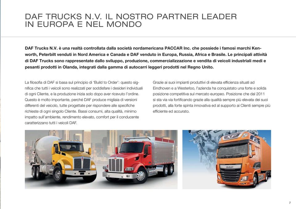 Le principali attività di DAF Trucks sono rappresentate dallo sviluppo, produzione, commercializzazione e vendita di veicoli industriali medi e pesanti prodotti in Olanda, integrati dalla gamma di