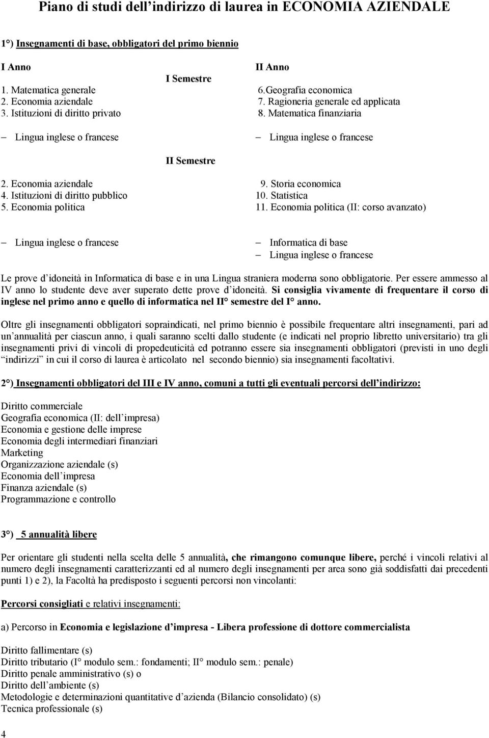 Economia aziendale 9. Storia economica 4. Istituzioni di diritto pubblico 10. Statistica 5. Economia politica 11.