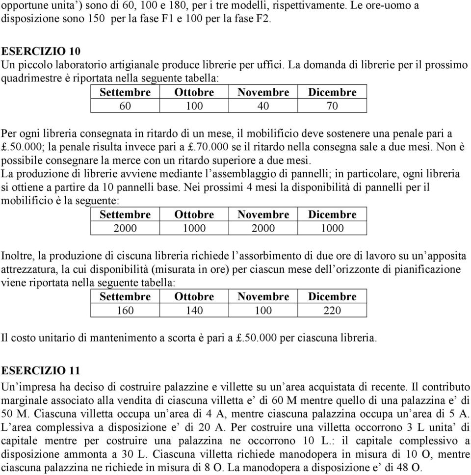 La domanda di librerie per il prossimo quadrimestre è riportata nella seguente tabella: Settembre Ottobre Novembre Dicembre 60 100 40 70 Per ogni libreria consegnata in ritardo di un mese, il