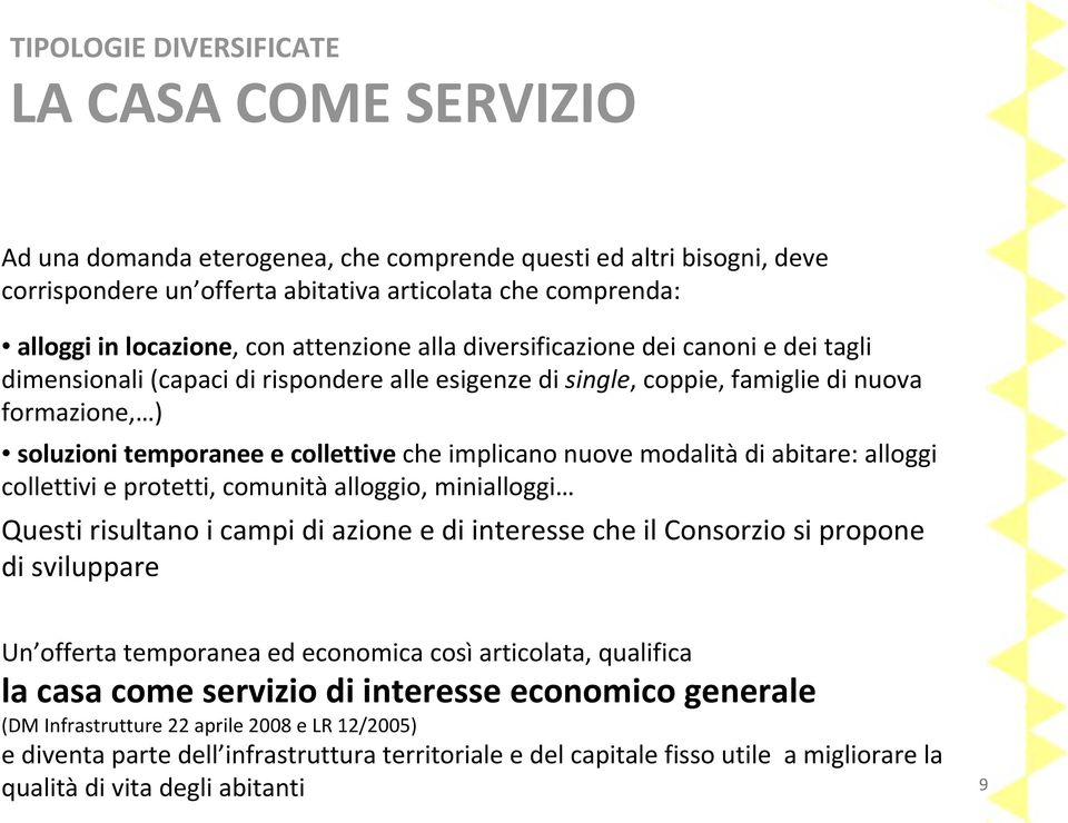 implicano nuove modalità di abitare: alloggi collettivi e protetti, comunità alloggio, minialloggi Questi risultano i campi di azione e di interesse che il Consorzio si propone di sviluppare Un