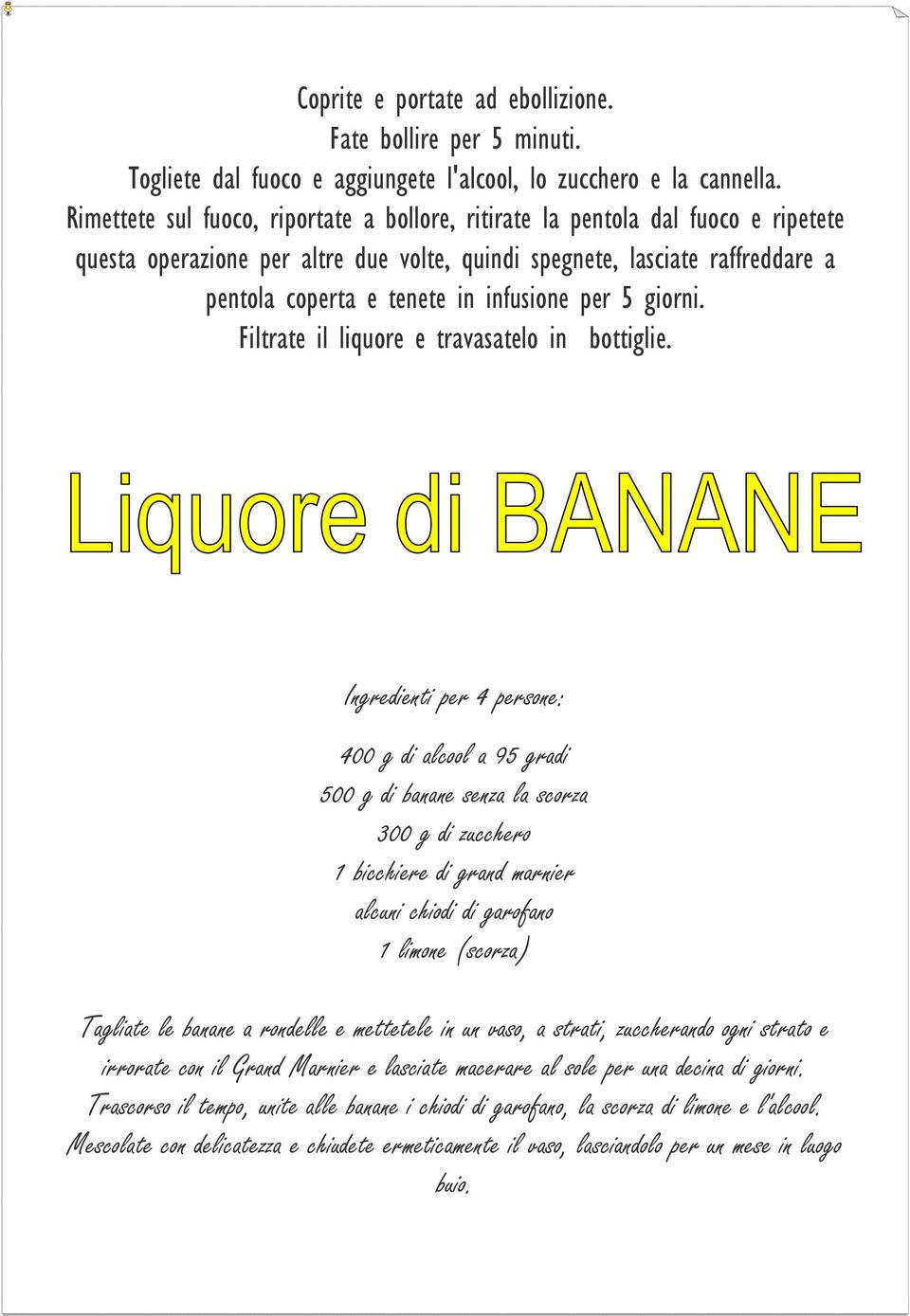 per 5 giorni. Filtrate il liquore e travasatelo in bottiglie.