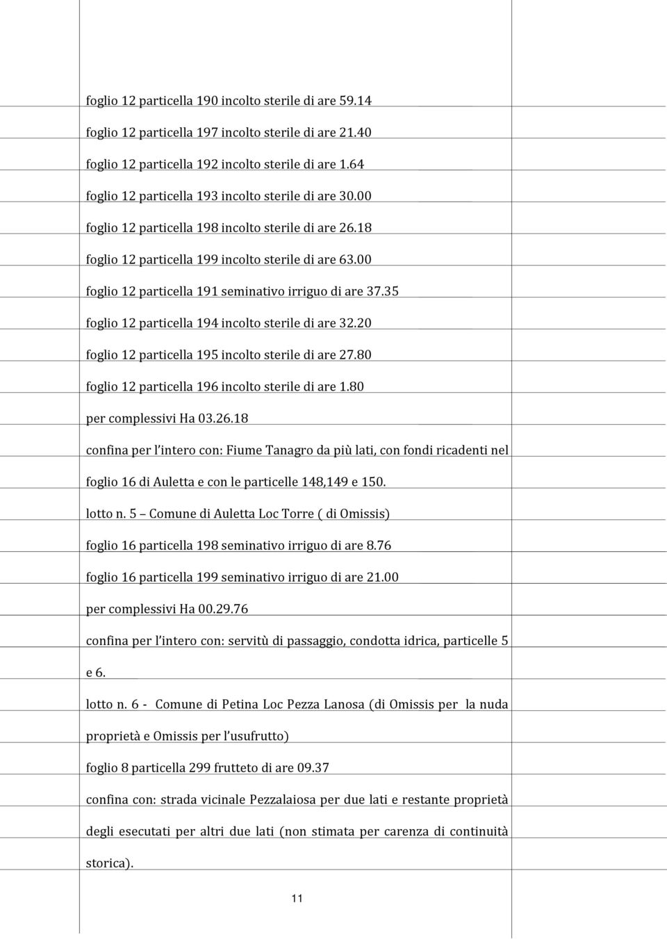 00 foglio 12 particella 191 seminativo irriguo di are 37.35 foglio 12 particella 194 incolto sterile di are 32.20 foglio 12 particella 195 incolto sterile di are 27.