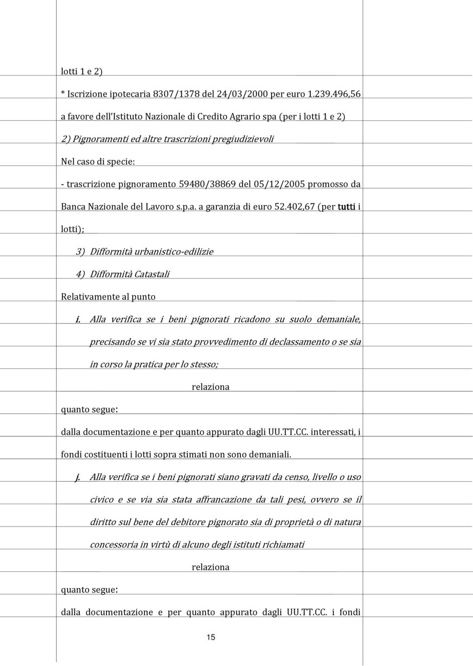 del 05/12/2005 promosso da Banca Nazionale del Lavoro s.p.a. a garanzia di euro 52.402,67 (per tutti i lotti); 3) Difformità urbanistico-edilizie 4) Difformità Catastali Relativamente al punto i.