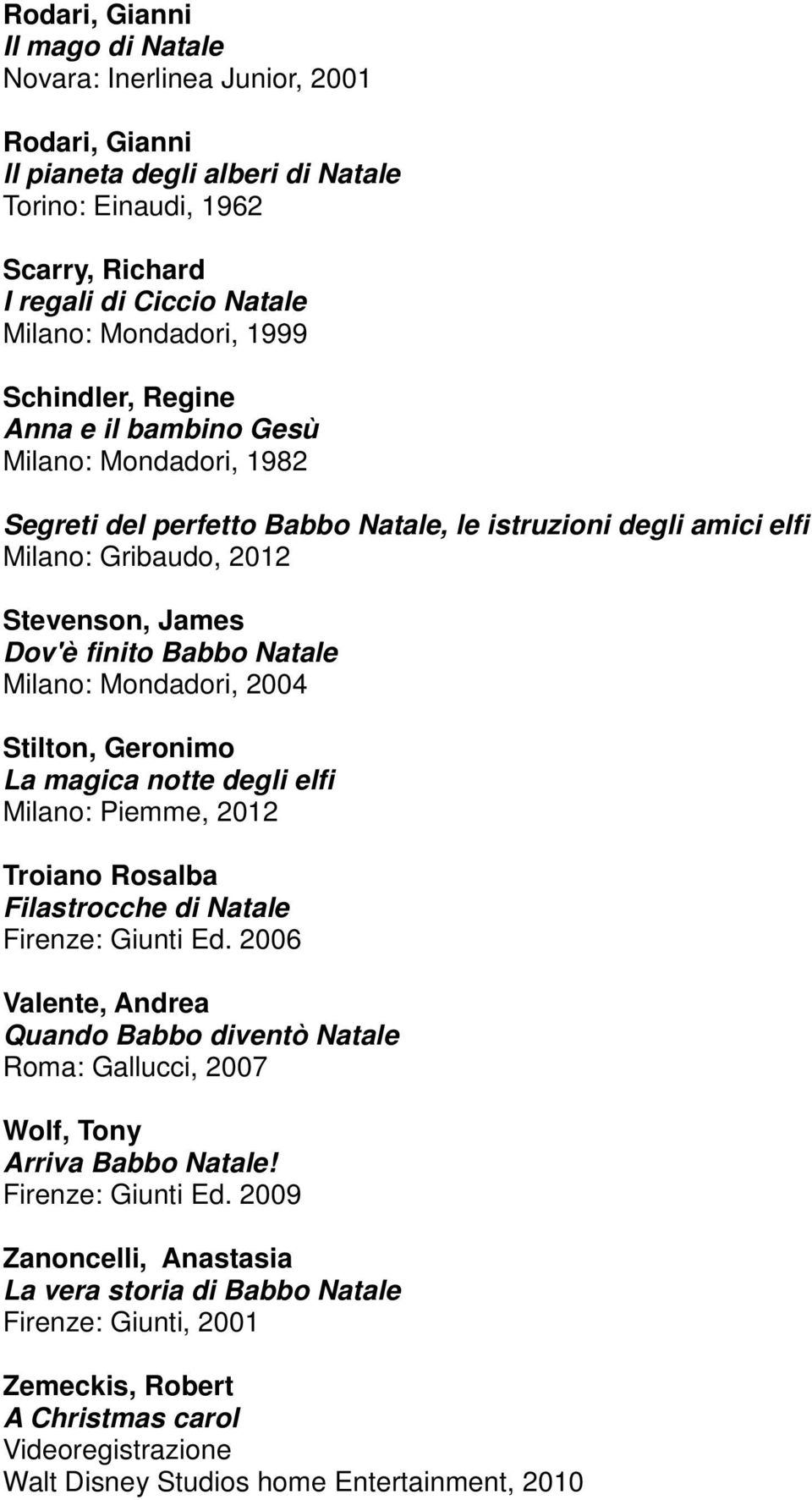 Natale Milano: Mondadori, 2004 Stilton, Geronimo La magica notte degli elfi Milano: Piemme, 2012 Troiano Rosalba Filastrocche di Natale Firenze: Giunti Ed.