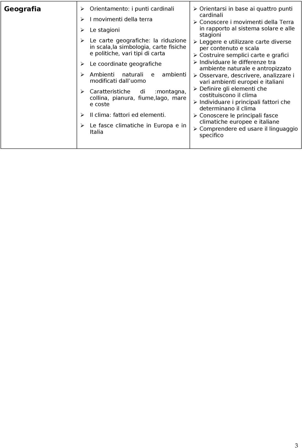Le fasce climatiche in Europa e in Italia Orientarsi in base ai quattro punti cardinali Conoscere i movimenti della Terra in rapporto al sistema solare e alle stagioni Leggere e utilizzare carte
