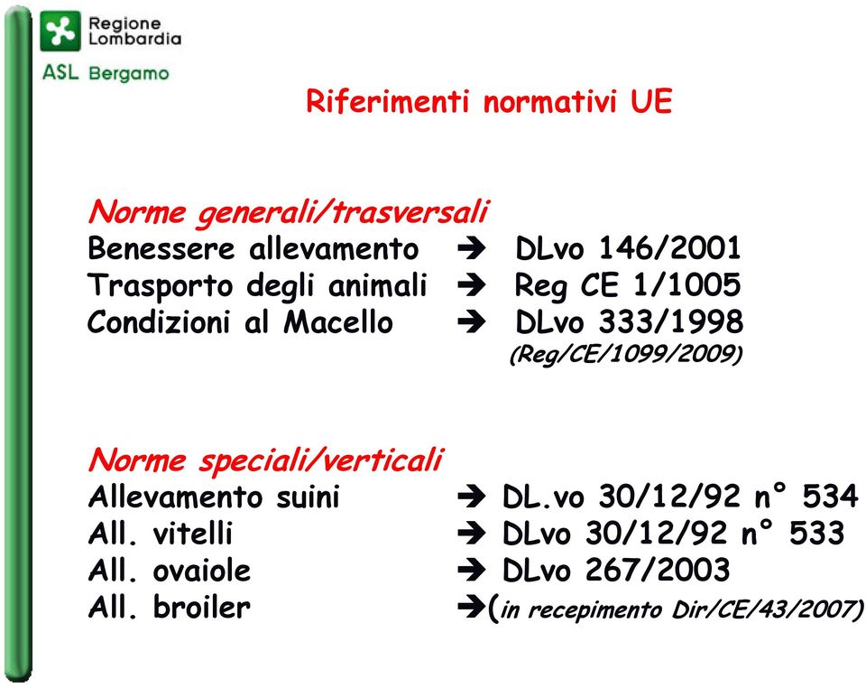 (Reg/CE/1099/2009) Norme speciali/verticali Allevamento suini DL.vo 30/12/92 n 534 All.
