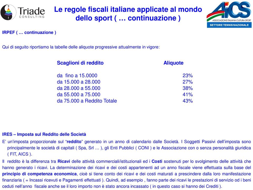 000 a Reddito Totale 43% IRES Imposta sul Reddito delle Società E un imposta proporzionale sul reddito generato in un anno di calendario dalle Società.