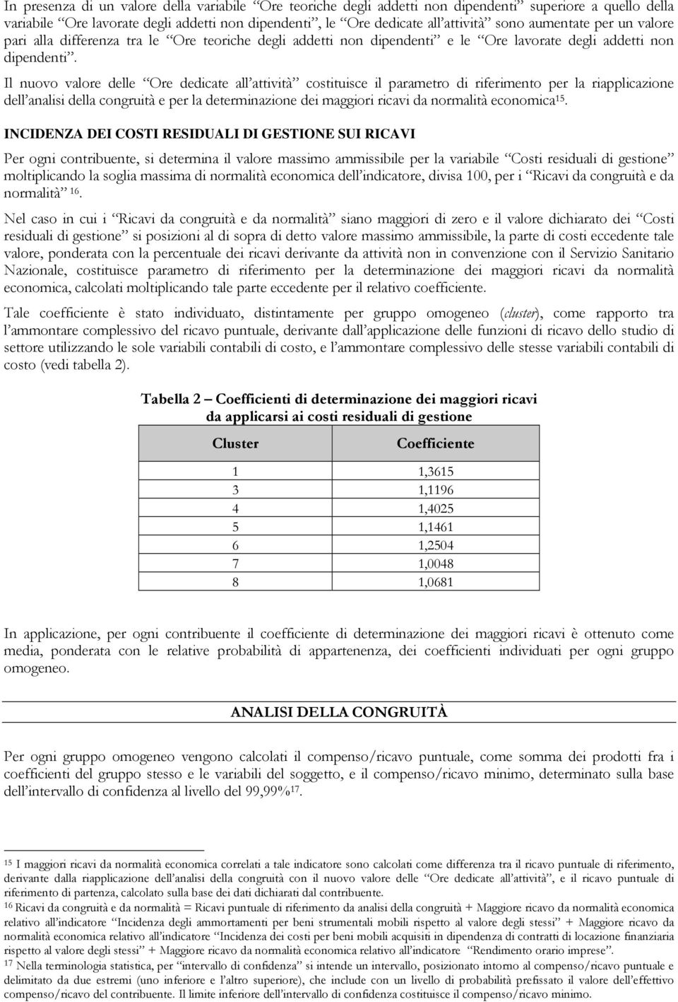 Il nuovo valore delle Ore dedicate all attività costituisce il parametro di riferimento per la riapplicazione dell analisi della congruità e per la determinazione dei maggiori ricavi da normalità