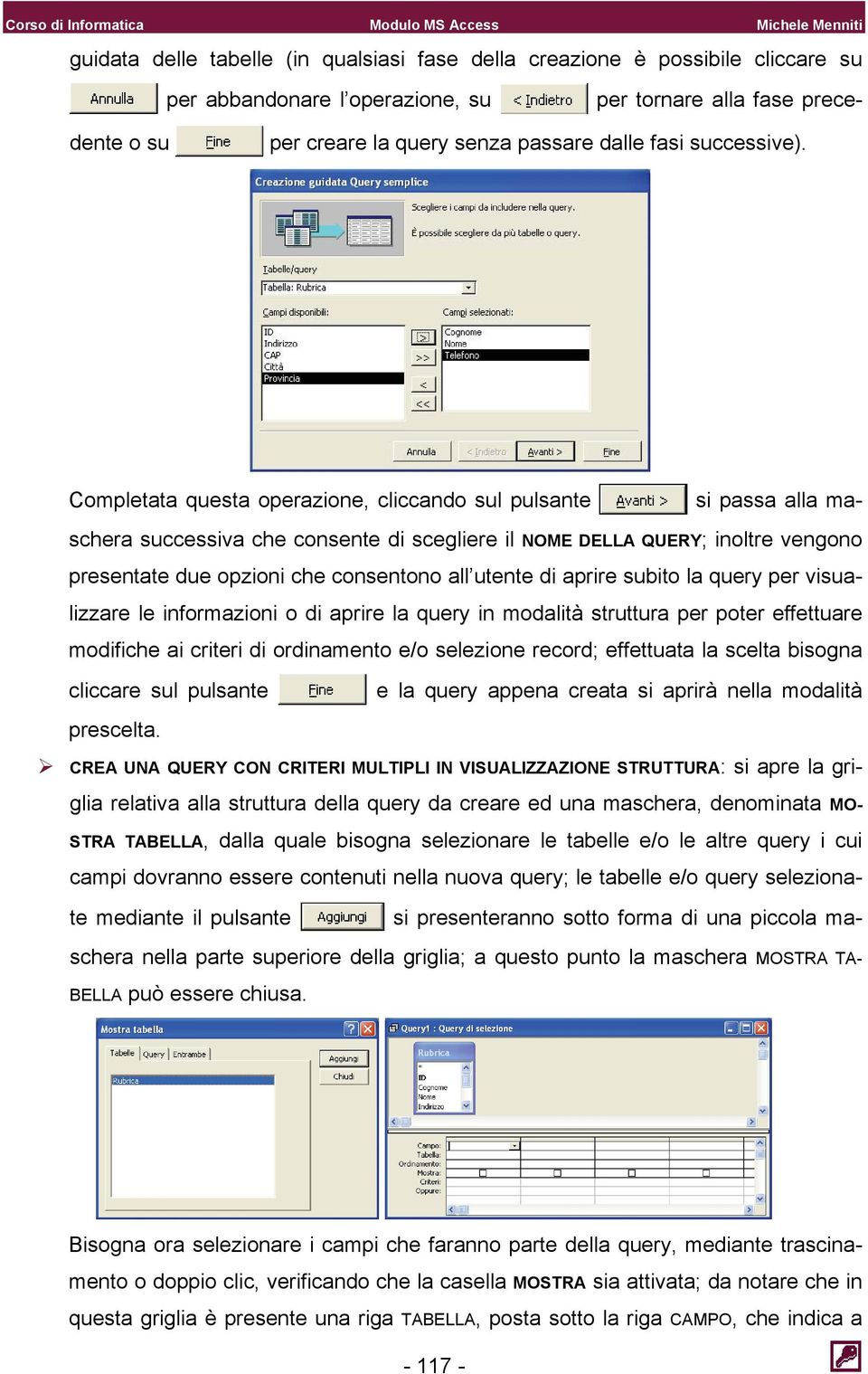 Completata questa operazione, cliccando sul pulsante si passa alla maschera successiva che consente di scegliere il NOME DELLA QUERY; inoltre vengono presentate due opzioni che consentono all utente