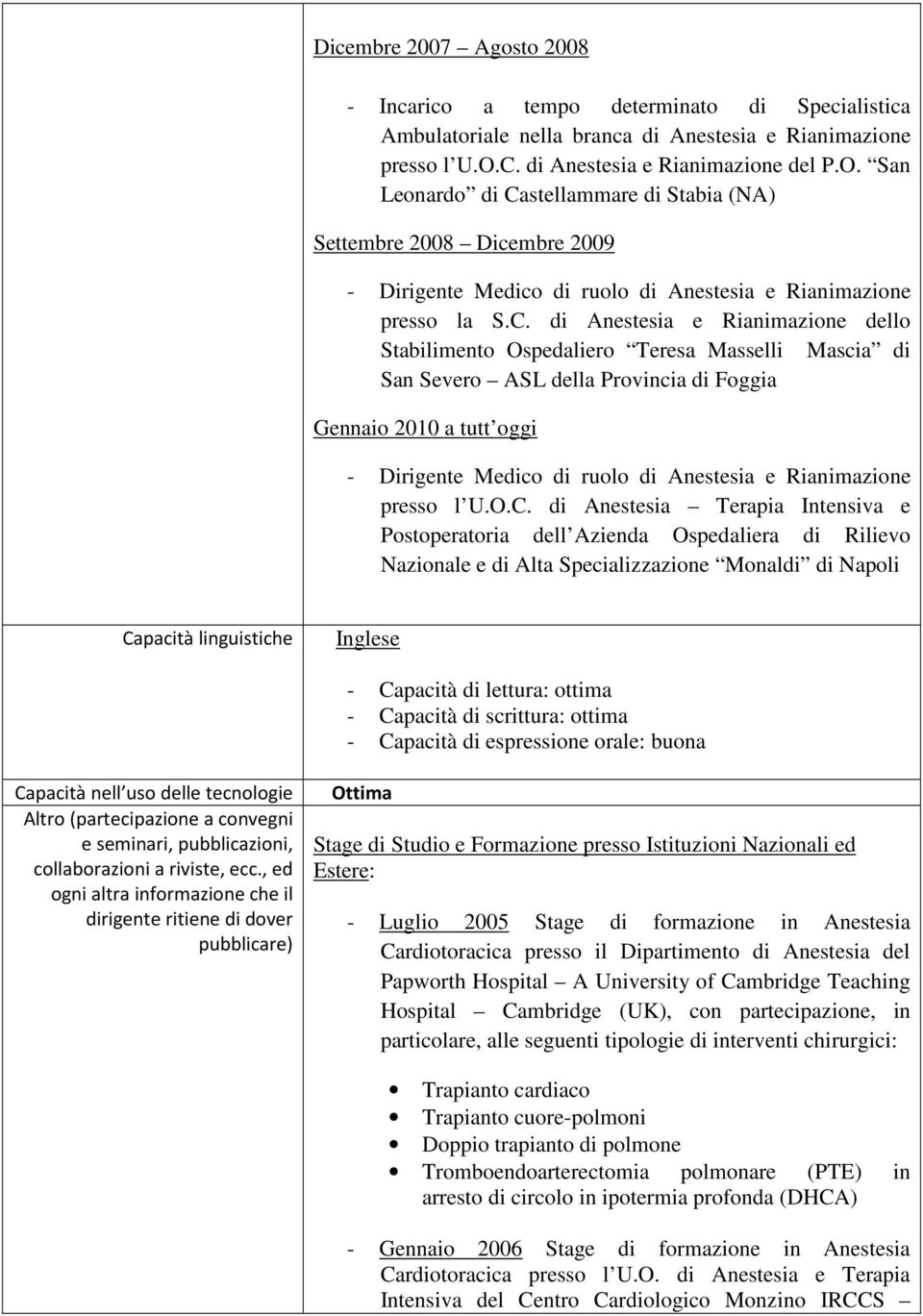 Rianimazione dello Stabilimento Ospedaliero Teresa Masselli Mascia di San Severo ASL della Provincia di Foggia Gennaio 2010 a tutt oggi - Dirigente Medico di ruolo di Anestesia e Rianimazione presso